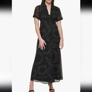 Calvin Klein Chiffon Printed Dress Black White Logo Print Fitted Long Womens 2